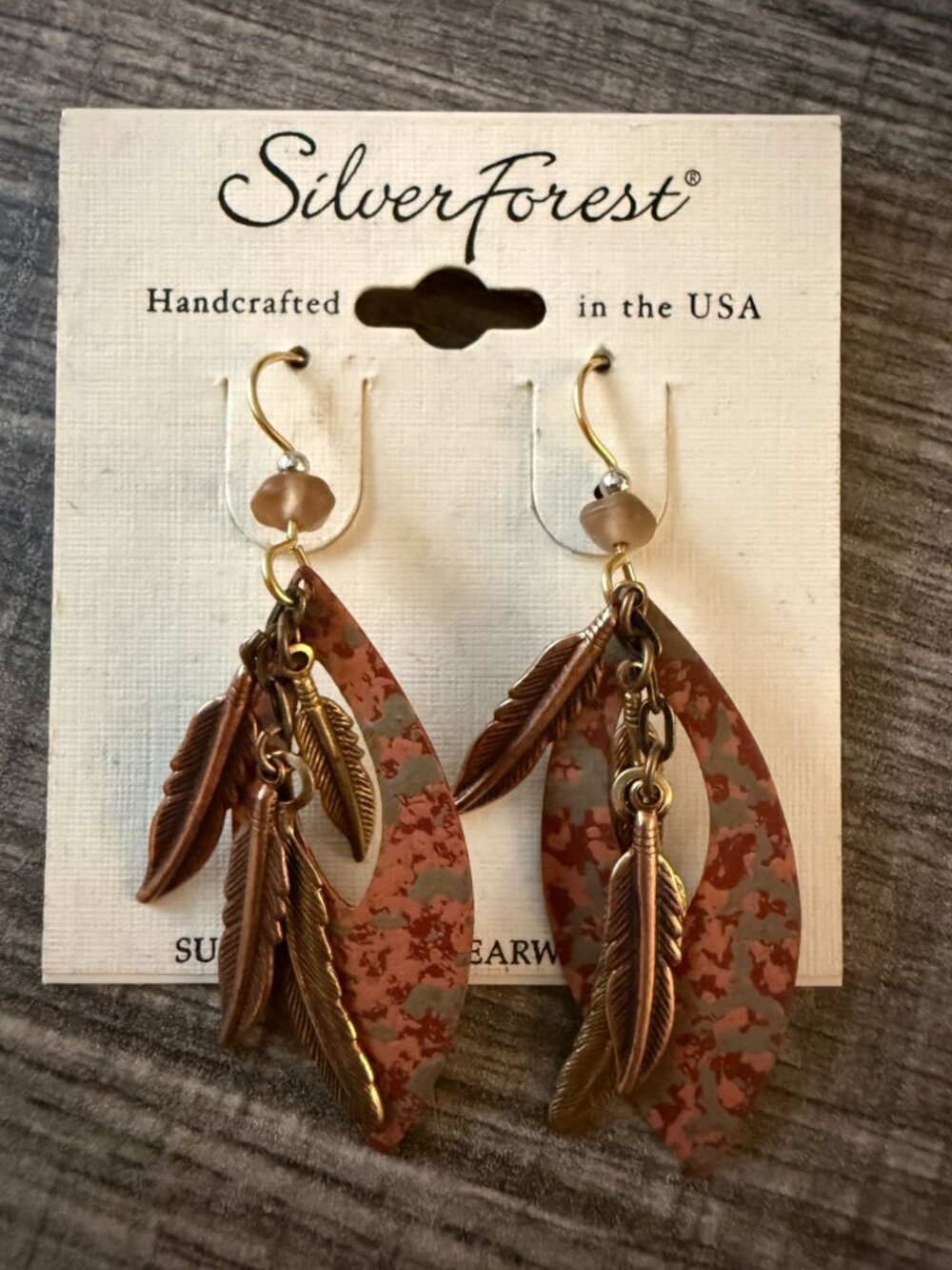 NOC Handcrafted Silver Forest Copper-Tone Feather Earrings With Surgical Steel E